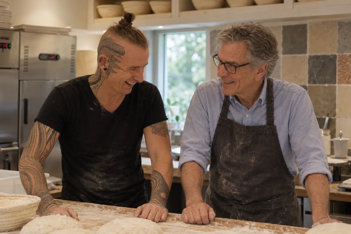 Jan en Joeke lachen samen aan de werkbank in de bakkerij van Het Lage Woud